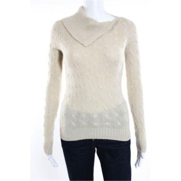 Ralph Lauren Cashmere Black Label Beige Cable Knit Asymmetrical Collar Sweater - Picture 3 of 6